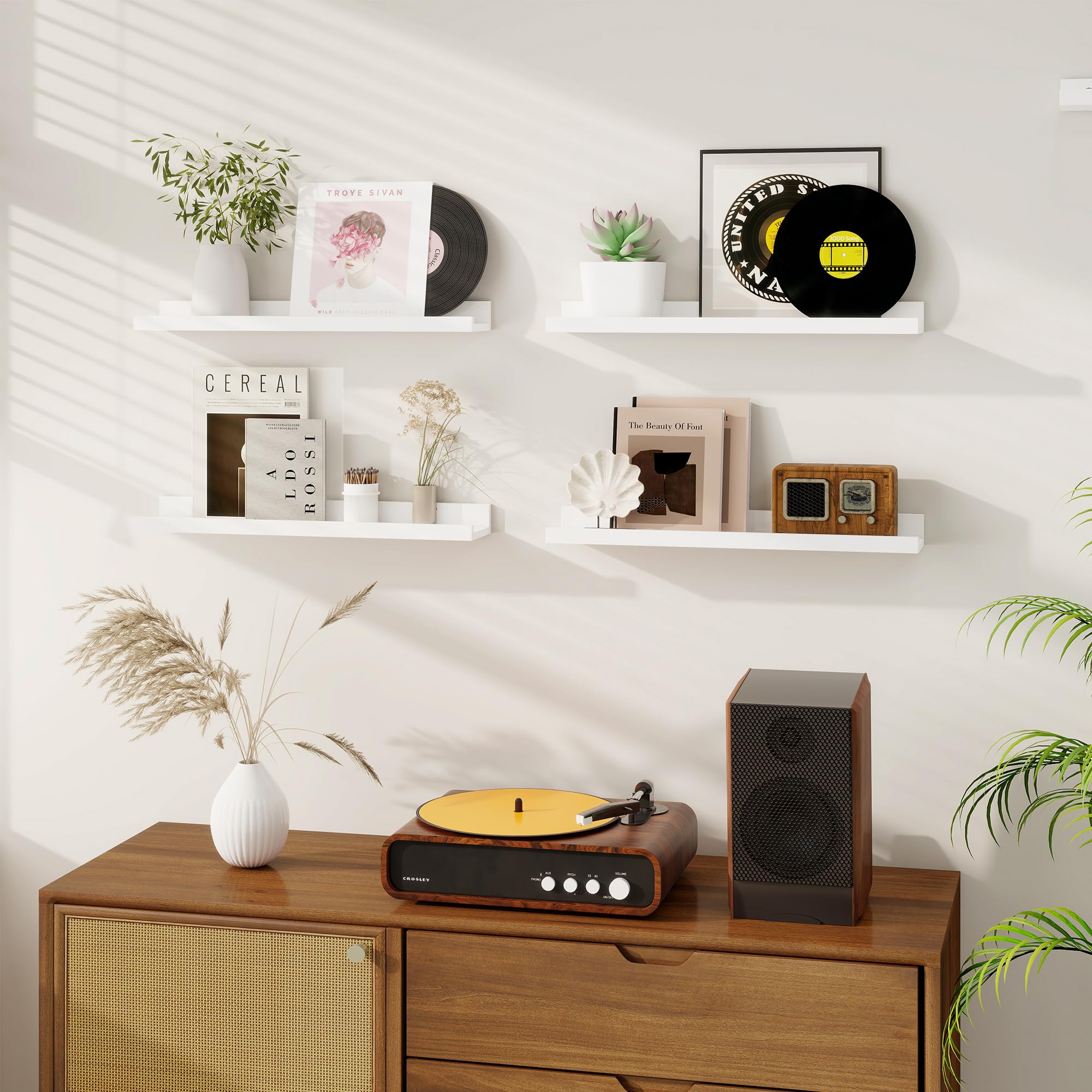 Dreamland white floating shelf 24in with U-shape keeps frames organized.