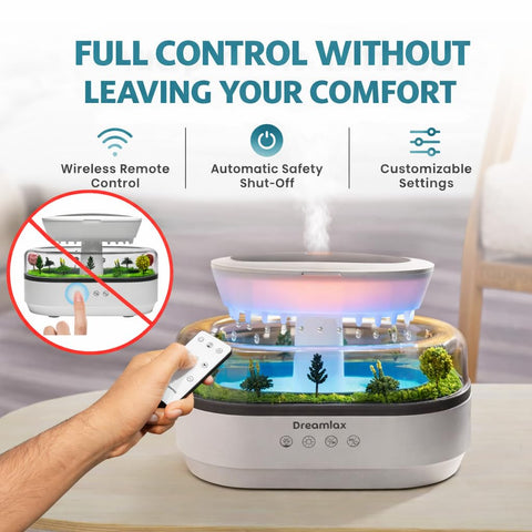 Dreamlax Rain Humidifier showing auto shut-off feature for overnight safety.