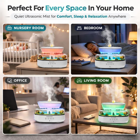 Dreamlax Raindrop display on humidifier enhances bedroom decor.