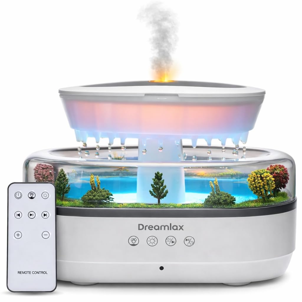 Dreamlax Rain Humidifier with remote control for easy bed-side adjustments.