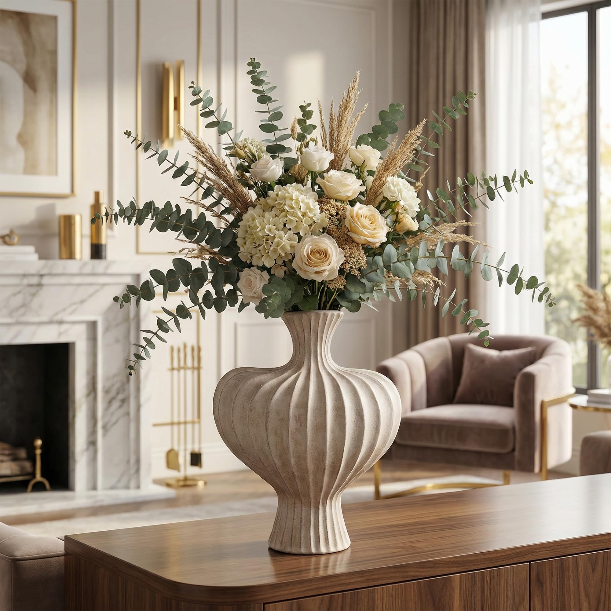 DREAMLOOM vase on living-room shelf creates instant focal point.