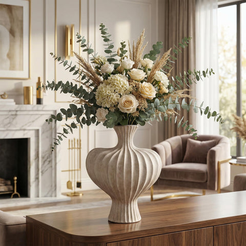 DREAMLOOM vase on living-room shelf creates instant focal point.