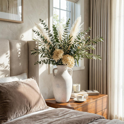 DREAMLOOM vase with faux flowers showcases versatile farmhouse styling