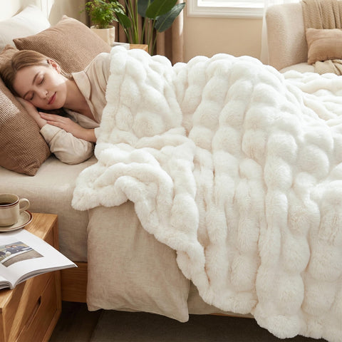 DREAMNINE soft faux bubble rabbit fur throw blanket, front plush detail for cozy warmth on a sofa