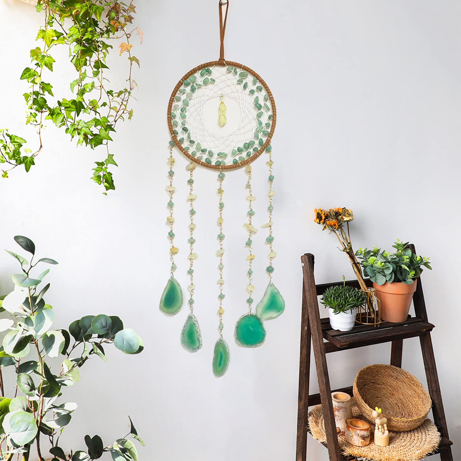 Dreamocean dream catcher enhances living room with green turquoise accents