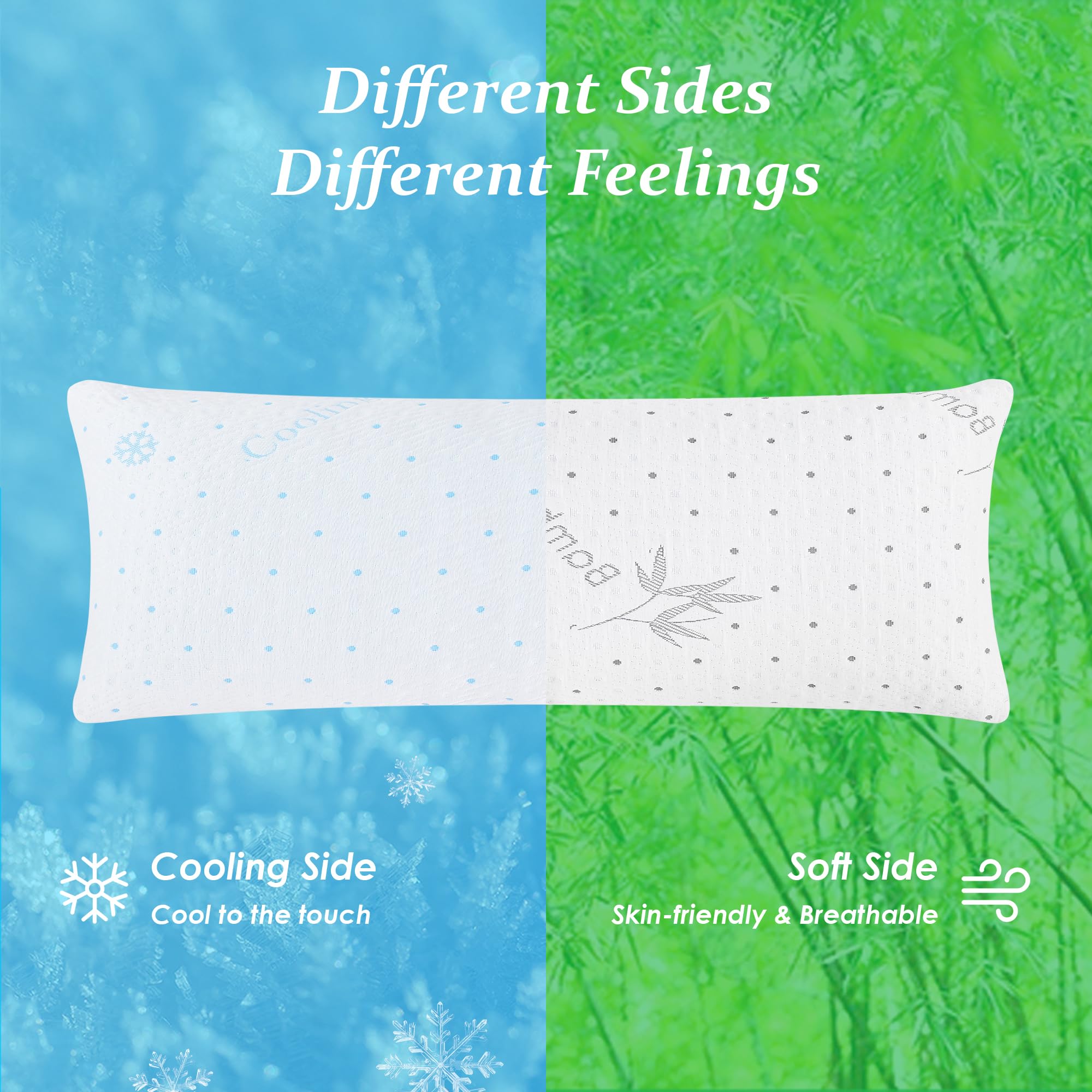 Dreamood dual-sided cooling pillow showing ice-silk and bamboo viscose sides.