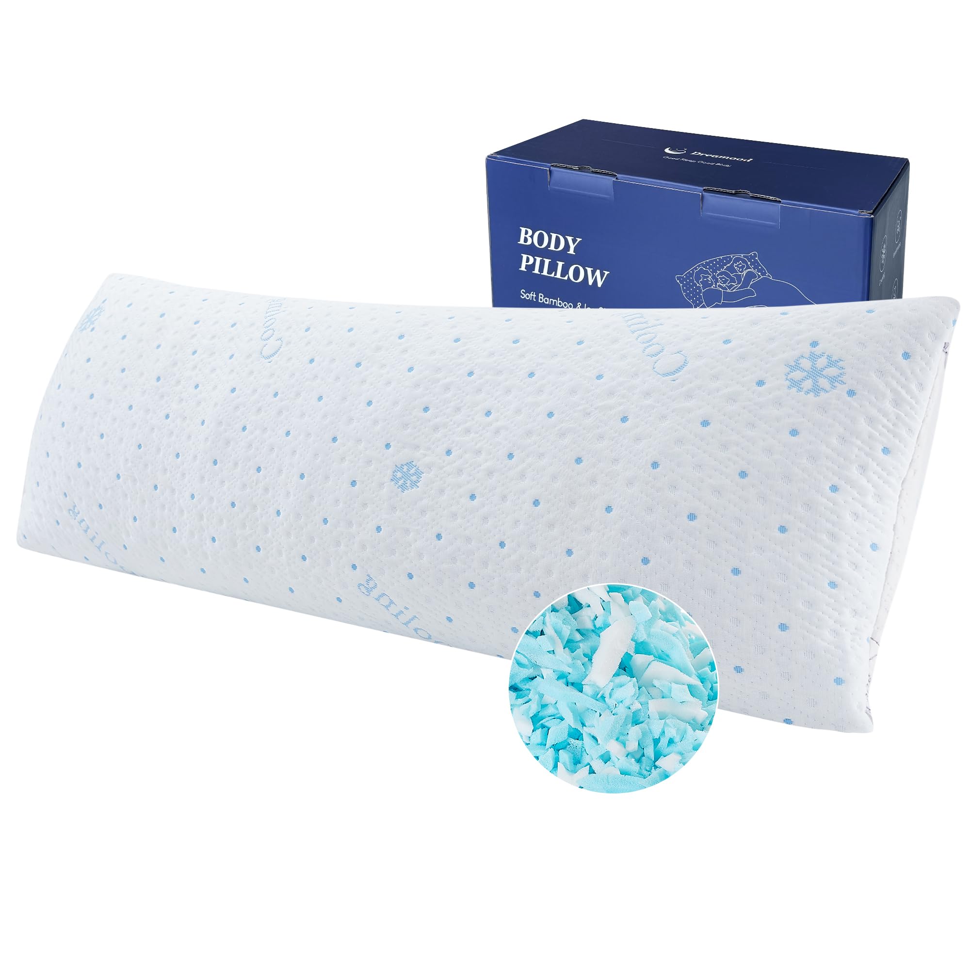 Dreamood cooling body pillow with ice-silk cover for cool nights.