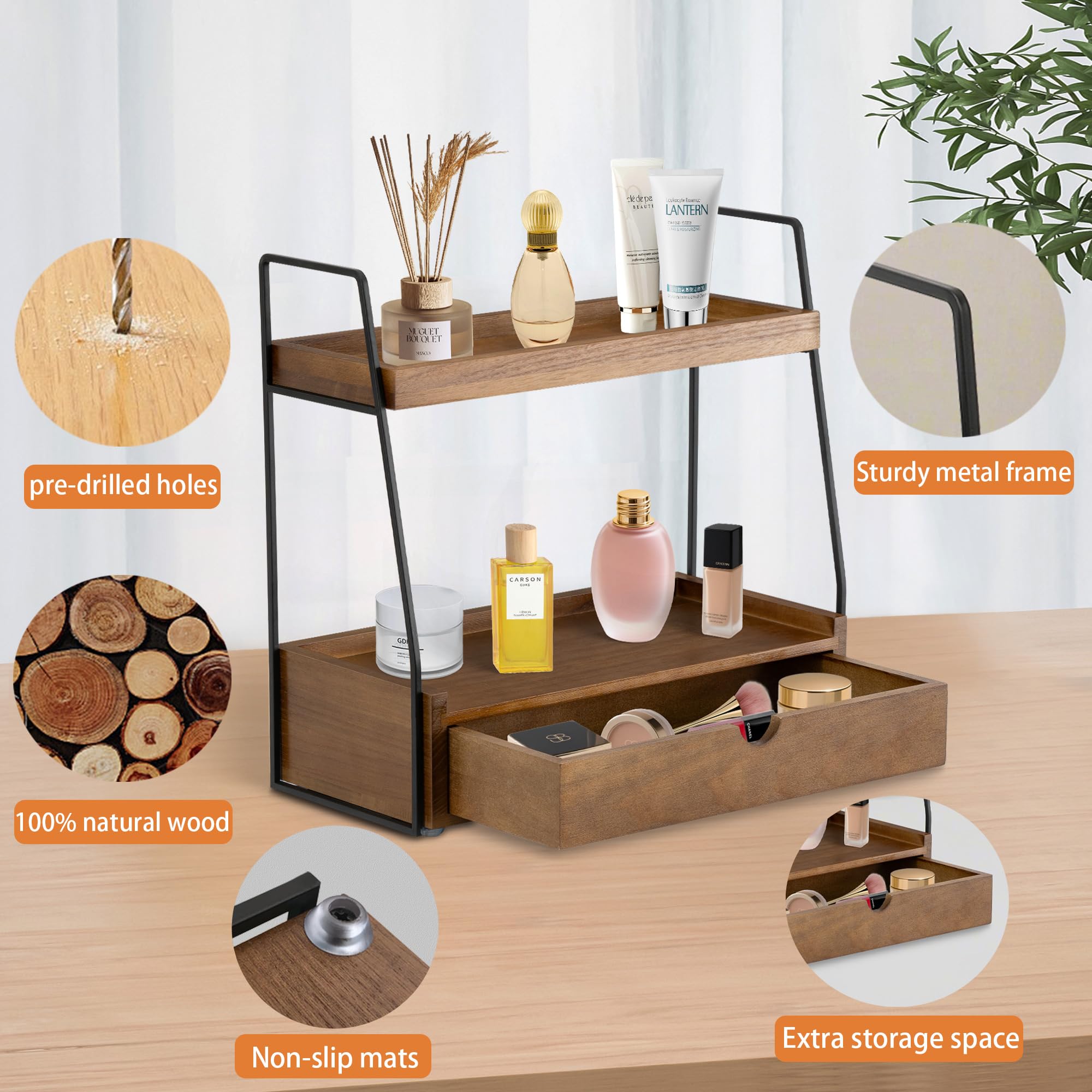 DreamPossible countertop organizer in vanity area helps declutter daily cosmetics.