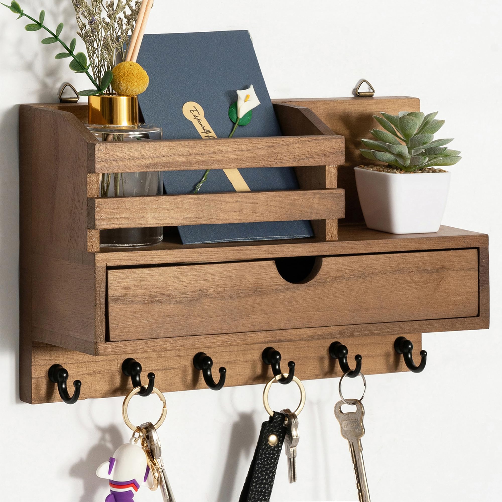 Dreampossible key and mail holder wall with six hooks and a drawer for organized entryway.