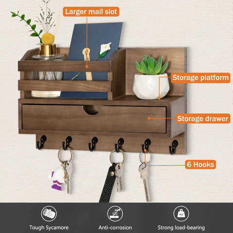 Dreampossible wooden wall rack adds rustic charm and practical storage for mail and keys.