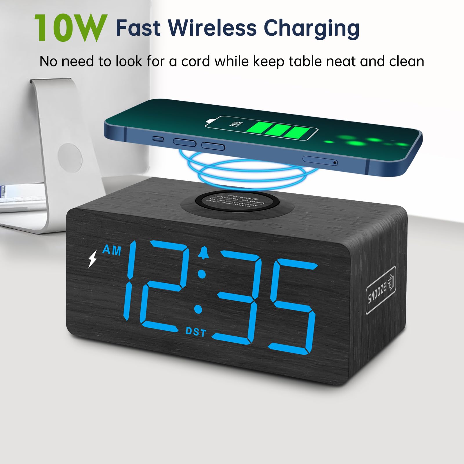 DreamSky 10W wireless charging dock integrated in clock for easy nightly charging