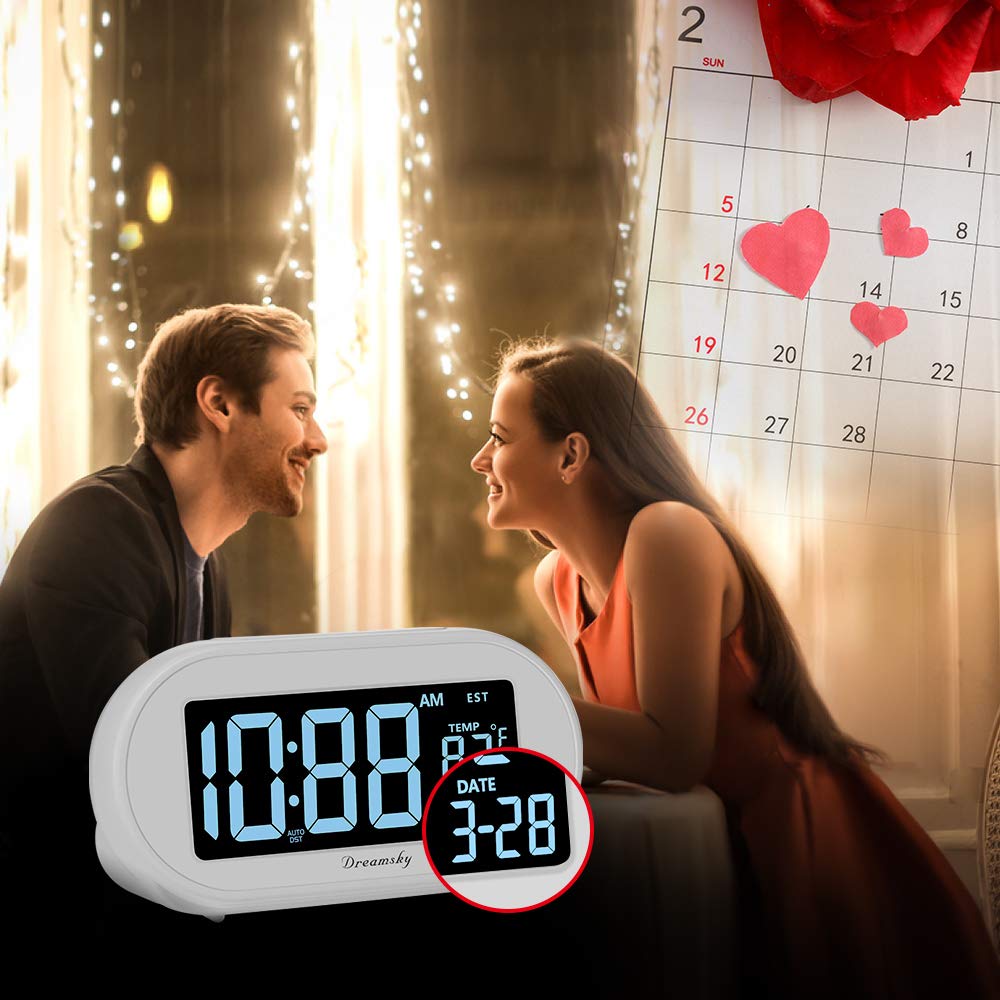 DreamSky 4.3 inch LCD clock on a bedside table.