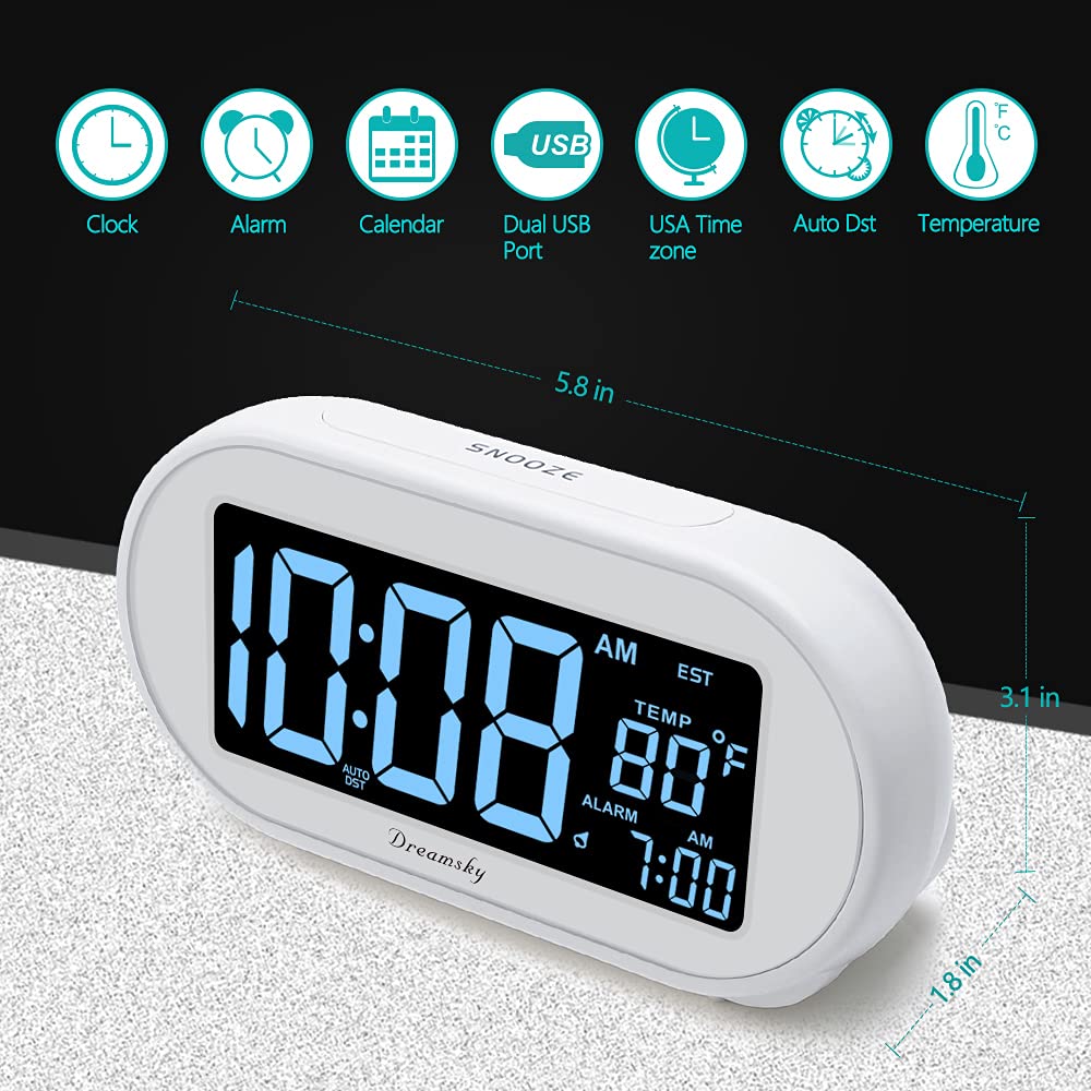 DreamSky bedside clock with dimmable display for comfortable night viewing.