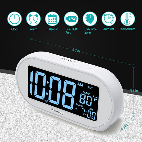 DreamSky bedside clock with dimmable display for comfortable night viewing.