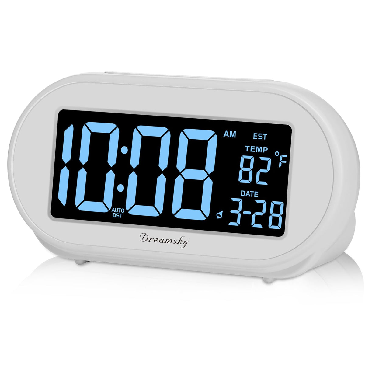 DreamSky alarm clock with blue digital display for quick time glance.