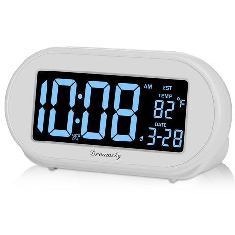 DreamSky alarm clock with blue digital display for quick time glance.