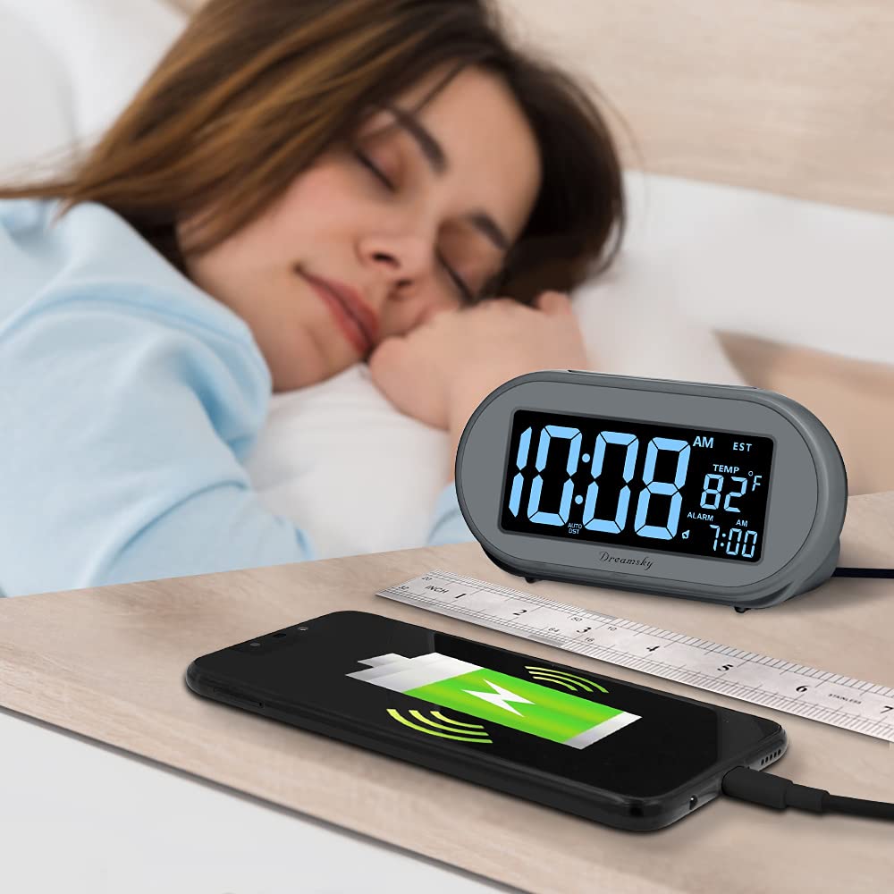 DreamSky bedside clock with dimmable display reduces night glare.