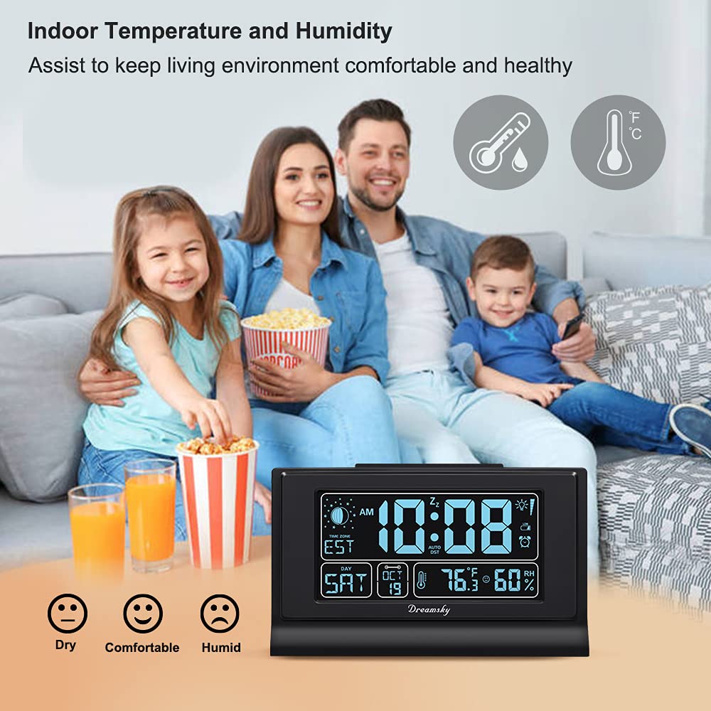 DreamSky alarm clock with auto dimmer for comfortable night readings.