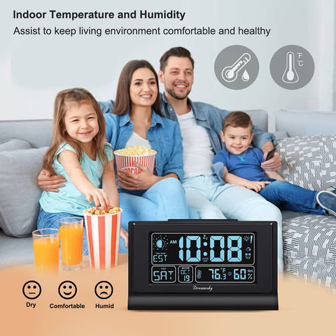 DreamSky alarm clock with auto dimmer for comfortable night readings.