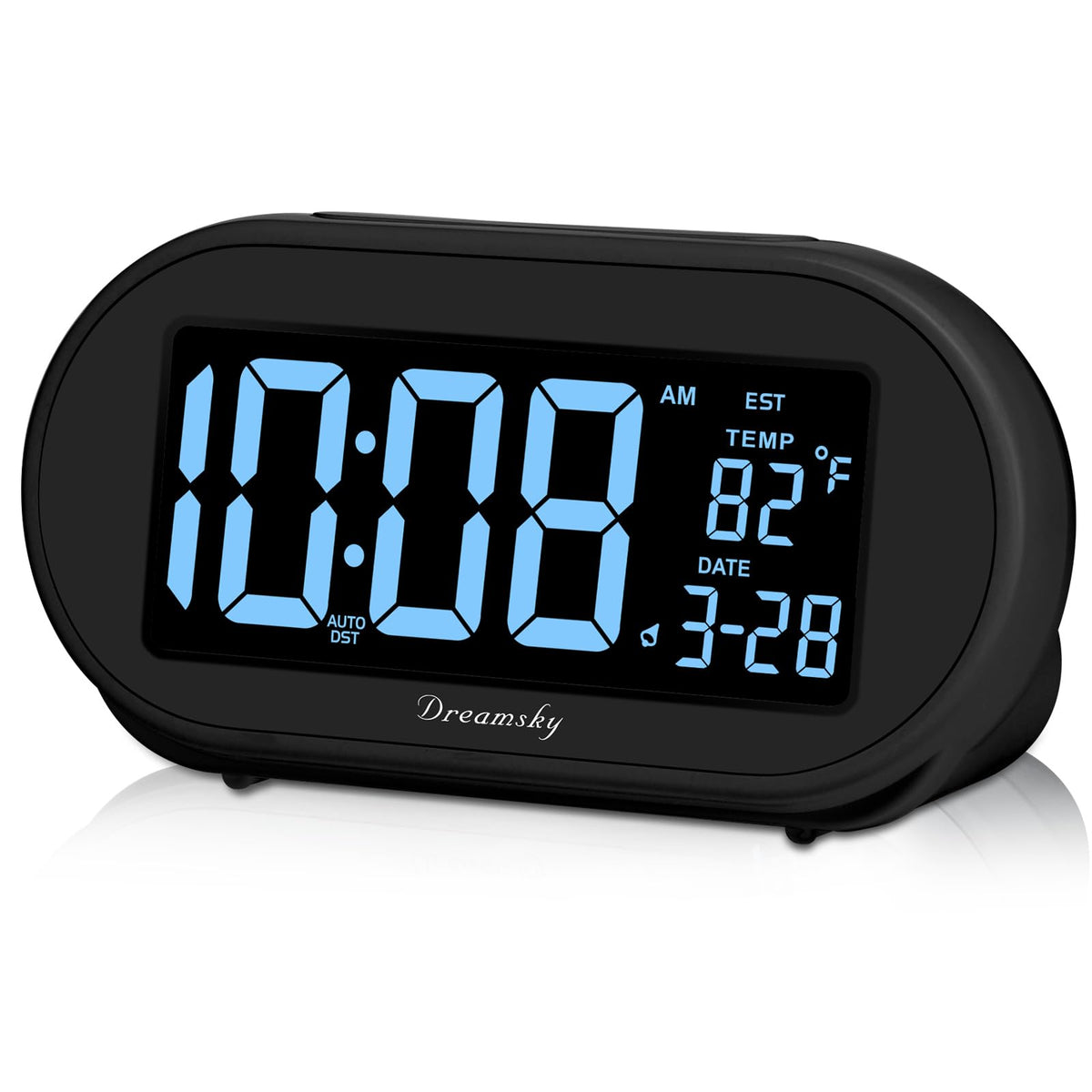 DreamSky alarm clock front view with large blue digits for easy bedside reading.