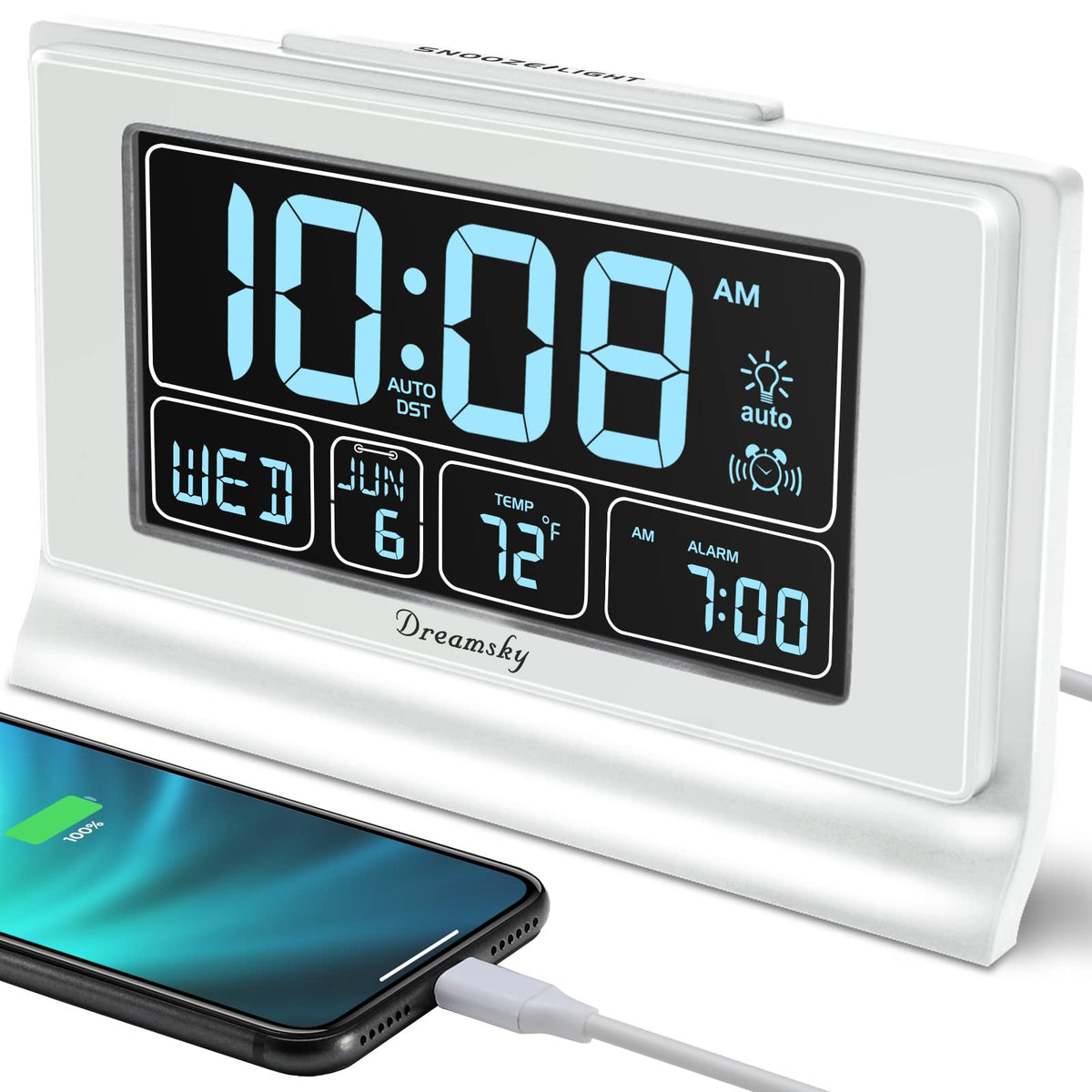 DreamSky Alarm Clock large display showing time, date, and temperature clearly