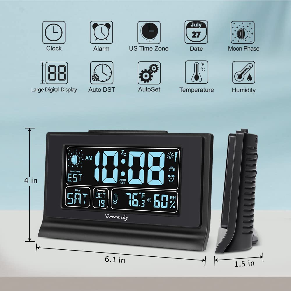 DreamSky clock shows indoor temperature and humidity for comfort.