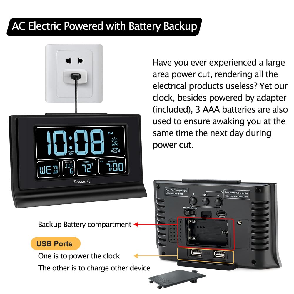 DreamSky alarm clock USB port to charge devices while you sleep