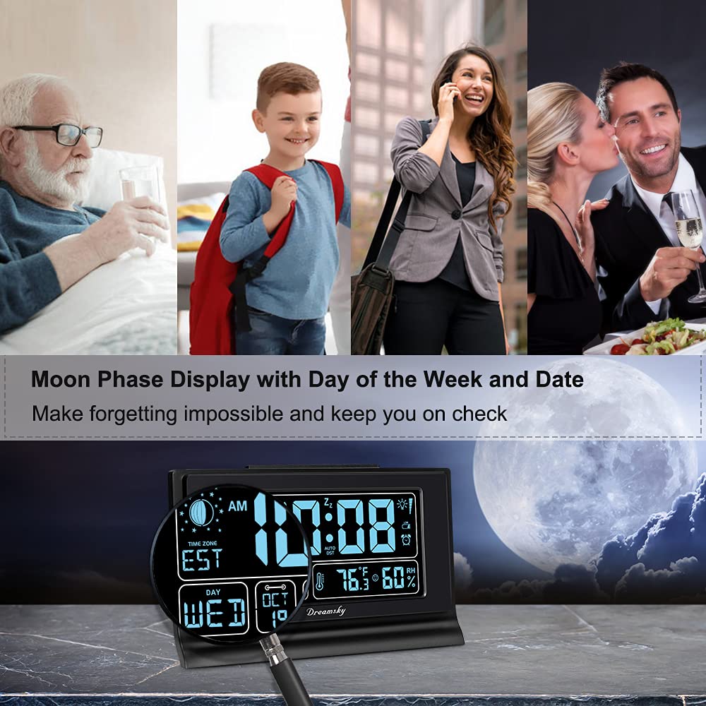 DreamSky alarm clock USB port for convenient bedside charging.