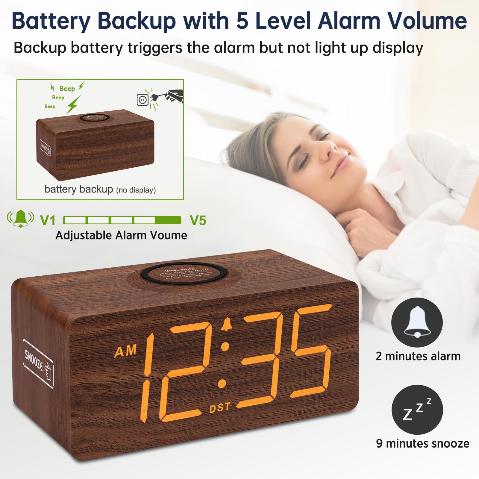 DreamSky alarm offers five volume levels with backup memory for reliable wakeups.