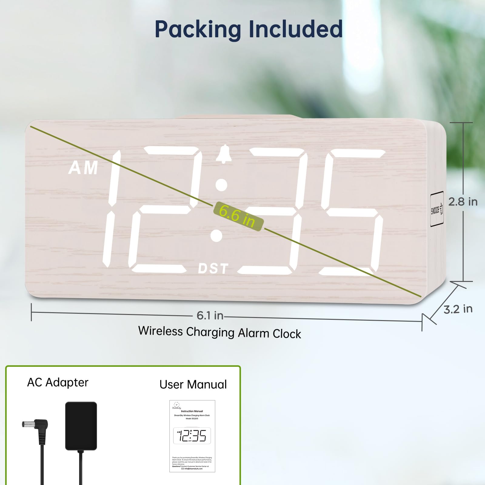 DreamSky alarm clock with backup battery preserves settings during power outages.