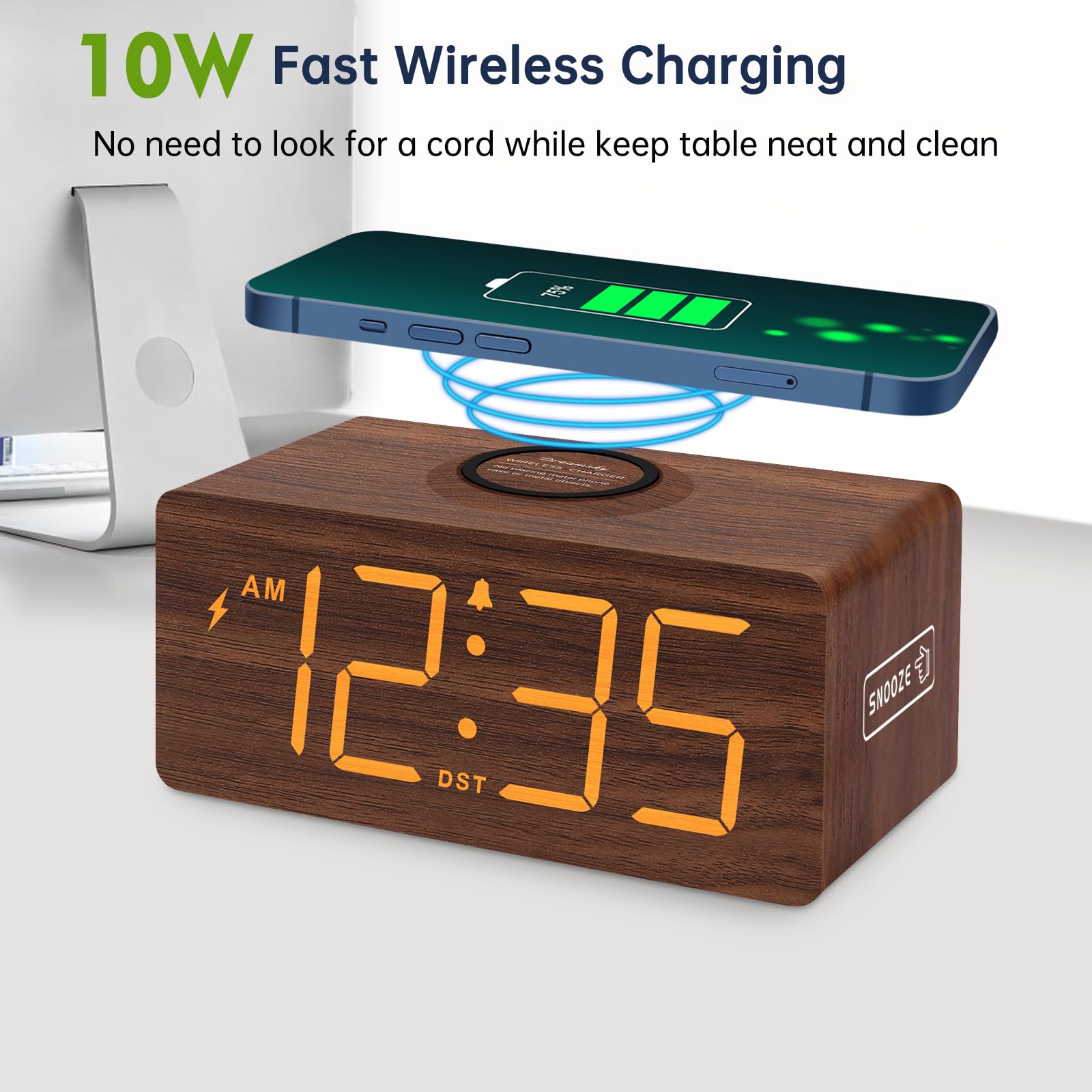 DreamSky bedside clock shows large digits for quick time viewing from across the room.