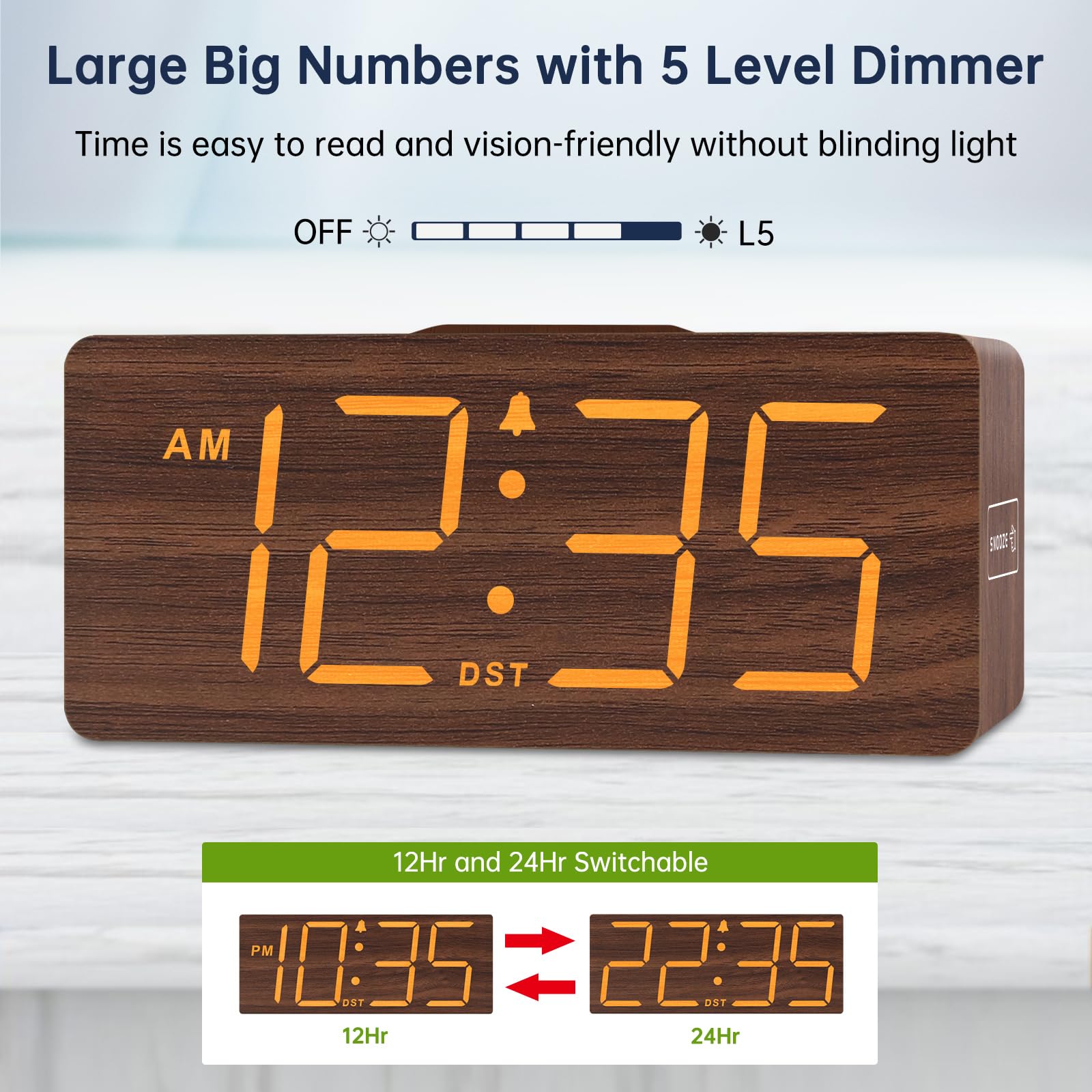 DreamSky clock with five brightness levels reduces glare during night use.