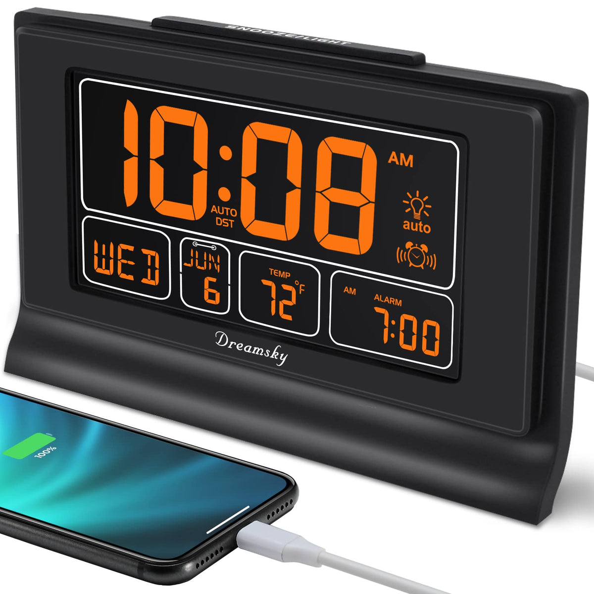 DreamSky Digital Alarm Clock with a bright 5-inch display showing time, date, and temperature.