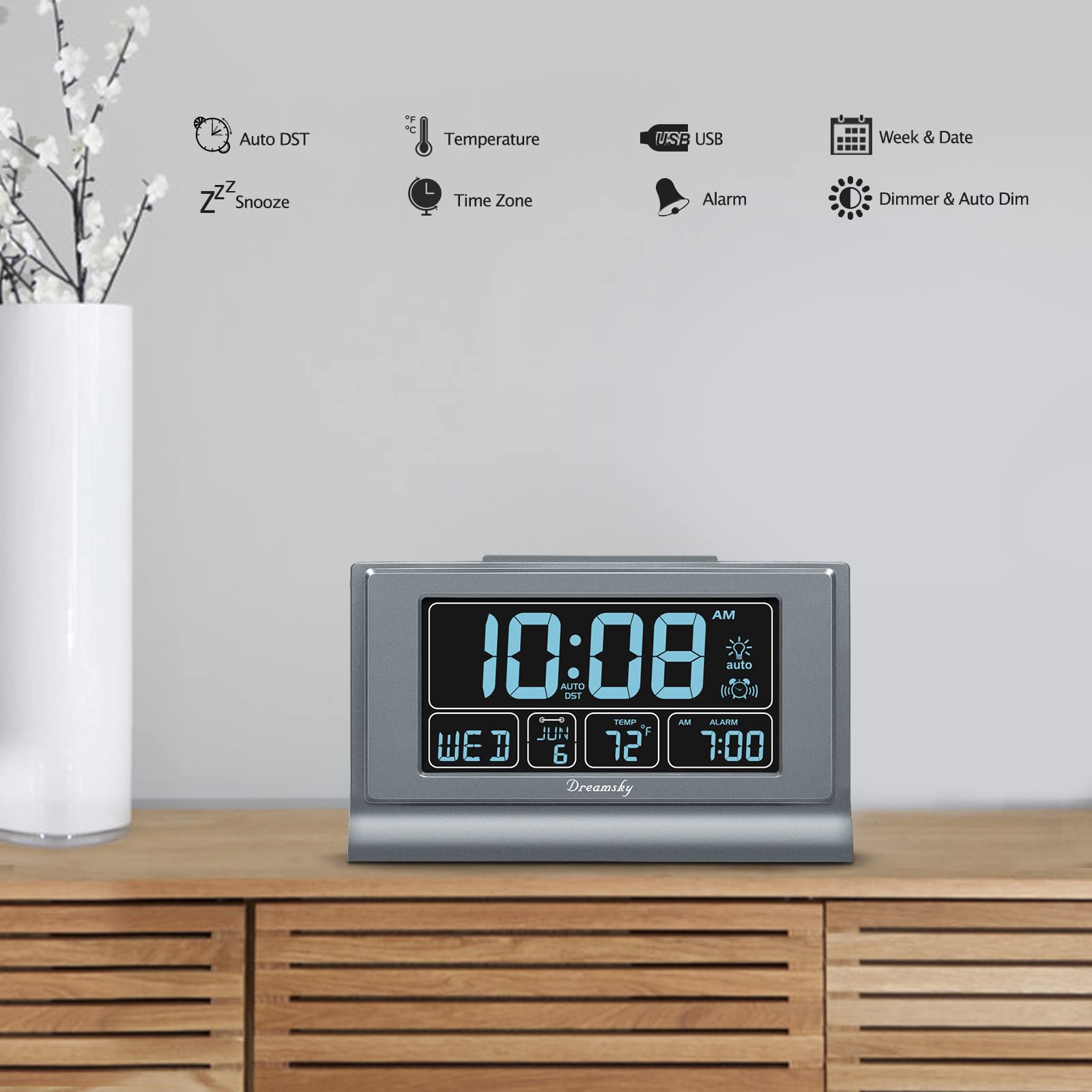 DreamSky alarm clock ascending alarm with snooze option for gradual wake-up