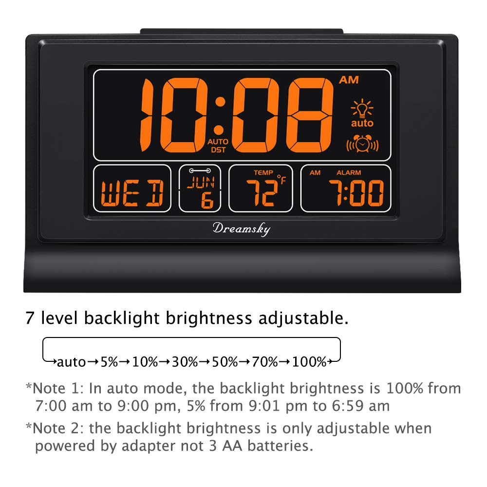 DreamSky clock dimmable display for comfortable night viewing.