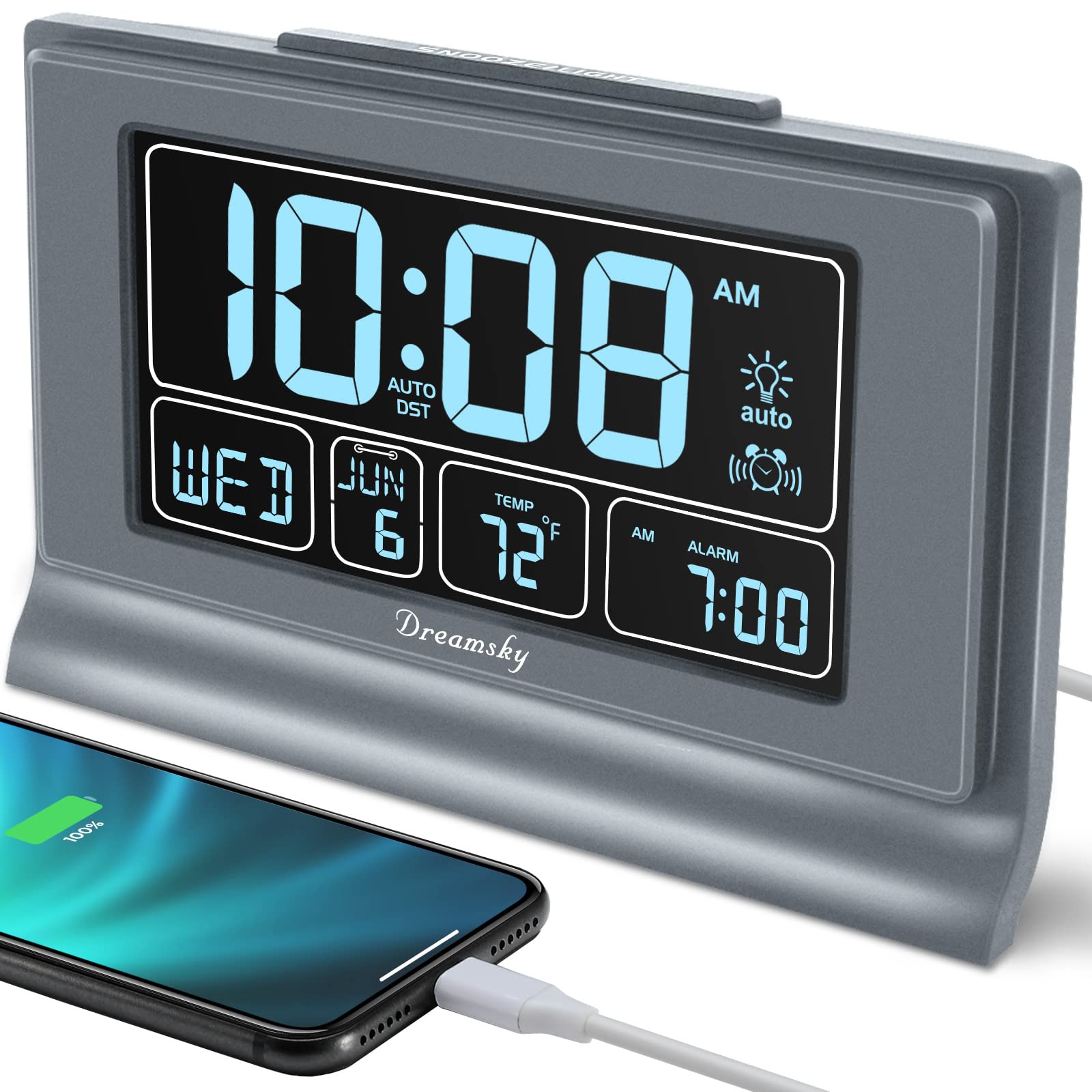 DreamSky clock with large 5-inch display showing time, date, and temperature clearly