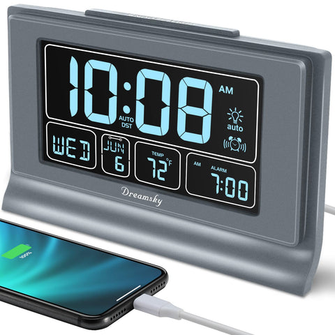 DreamSky clock with large 5-inch display showing time, date, and temperature clearly