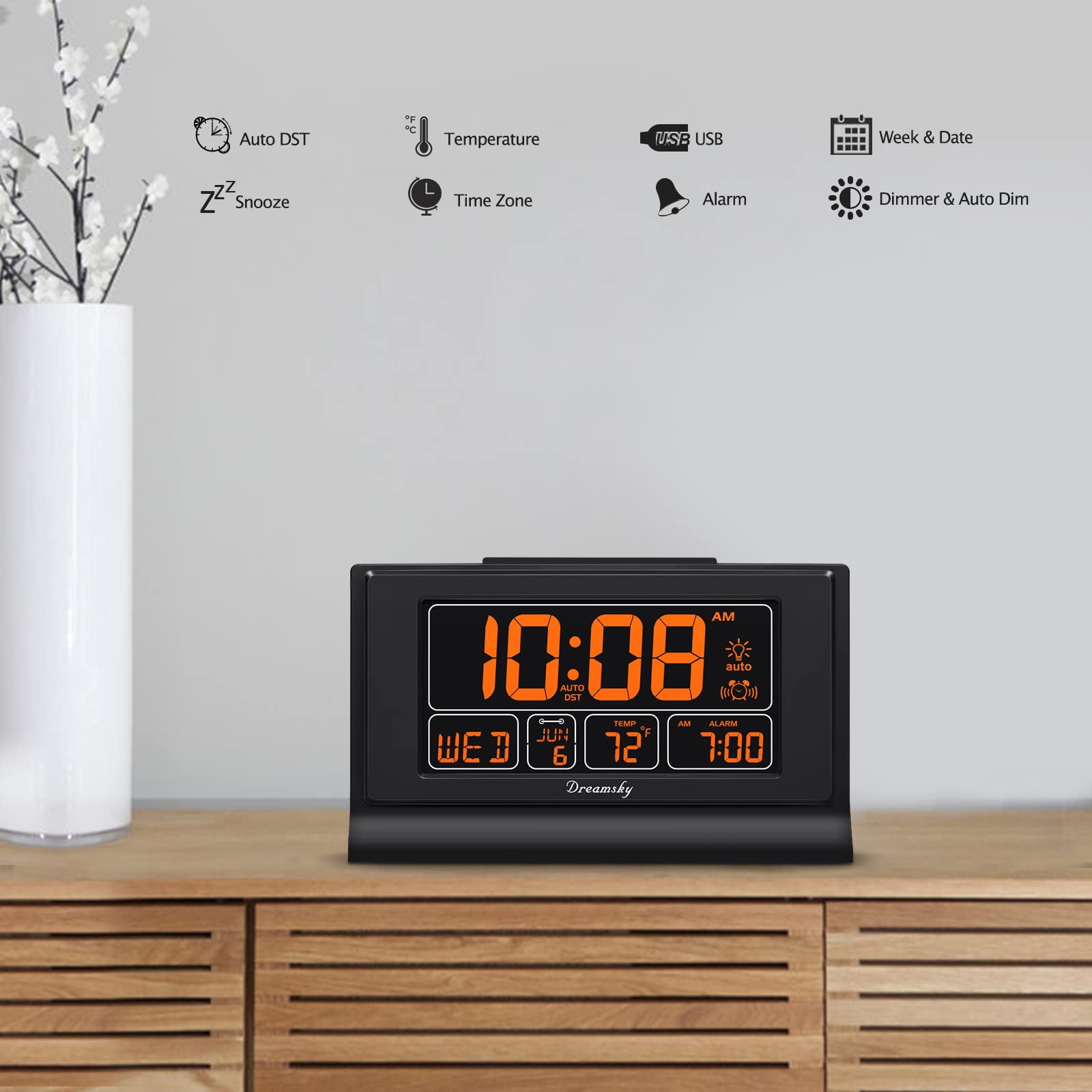 DreamSky alarm with snooze and ascending tone on bedside.