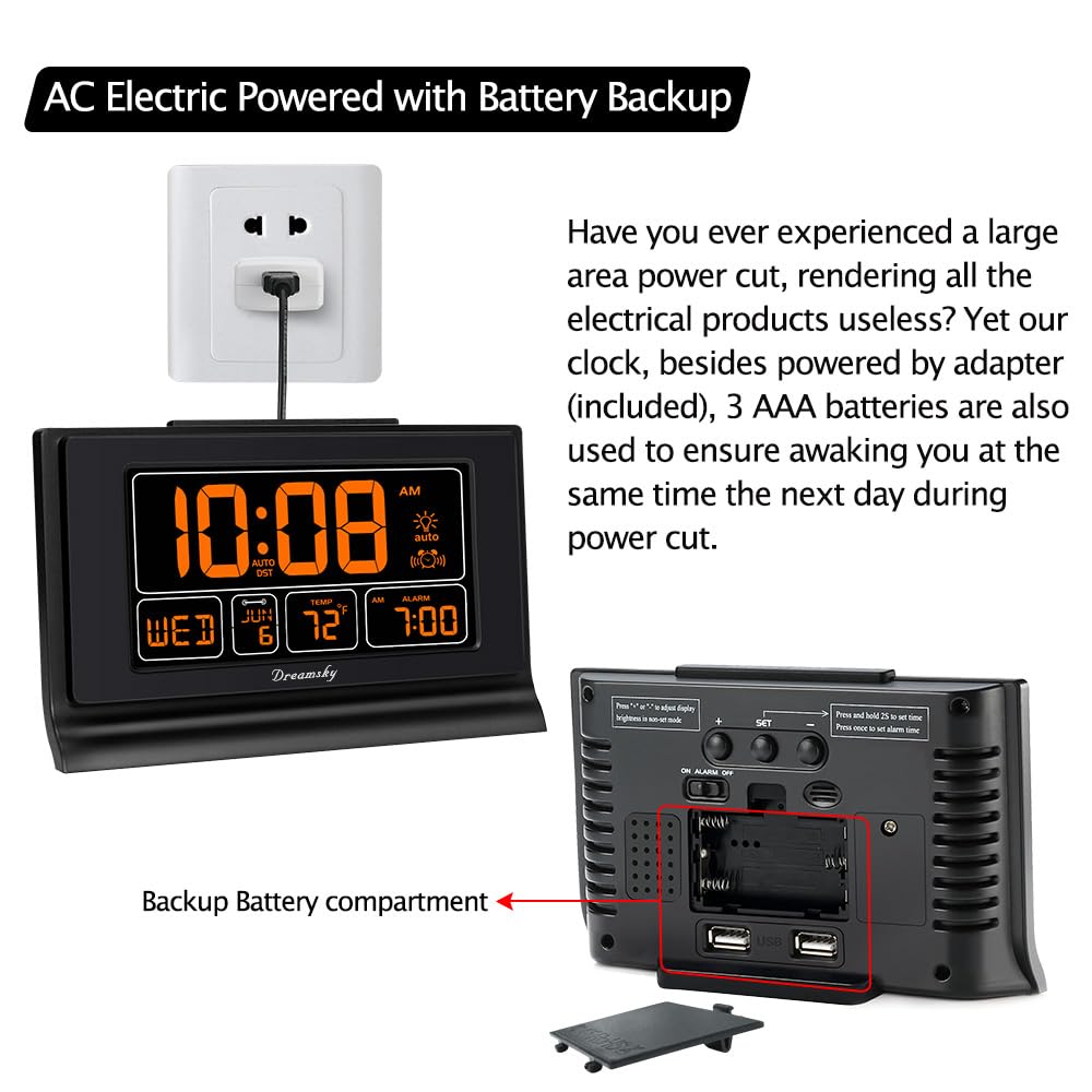 DreamSky clock with USB port charges devices overnight.