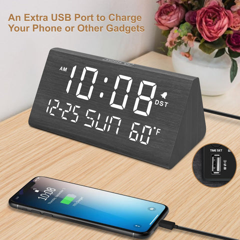 DreamSky wooden desk clock offers stylish decor and practical bedside use.