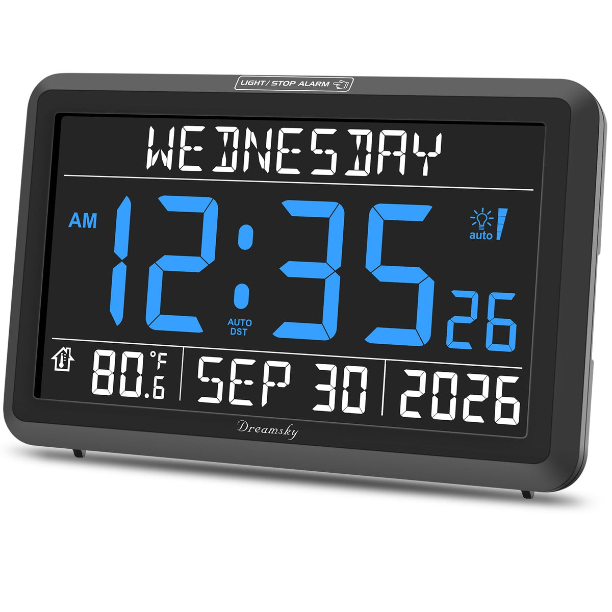 DreamSky digital clock with a 7.6-inch display for easy bedside reading.
