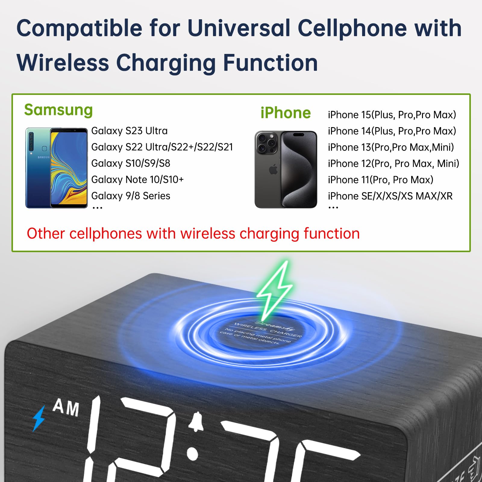DreamSky clock provides an extra USB port for charging devices.