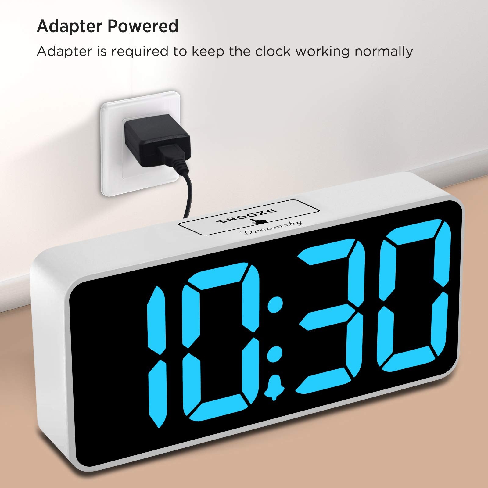 DreamSky clock shows jumbo LED digits for clear viewing from across the room.