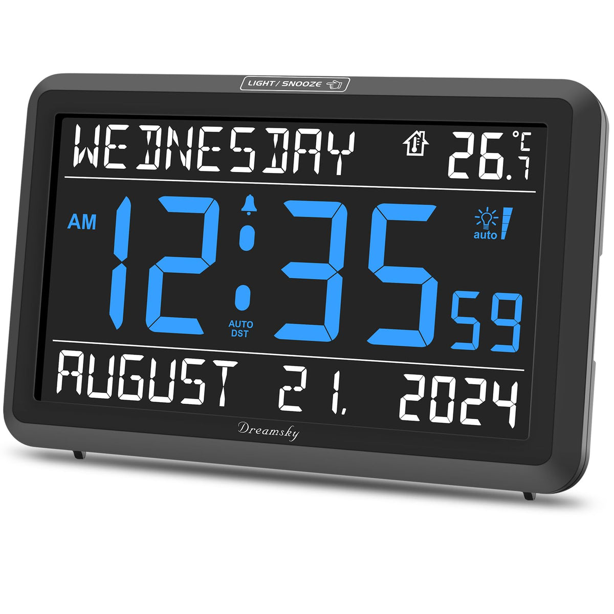 DreamSky large digital clock with date and temperature—easy to read from across the room.