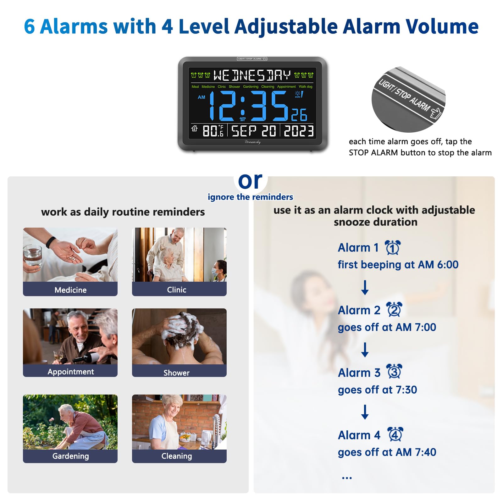 DreamSky clock offers eight reminders to support daily routines.