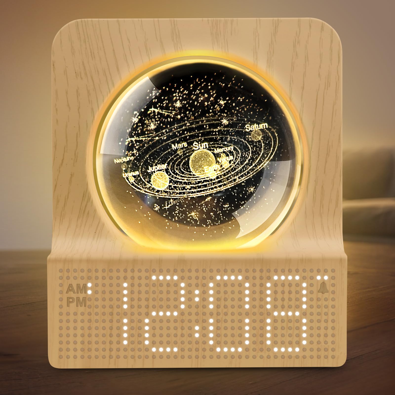 DreamSky Space Alarm Clock on a kid's nightstand with a decorative crystal ball.