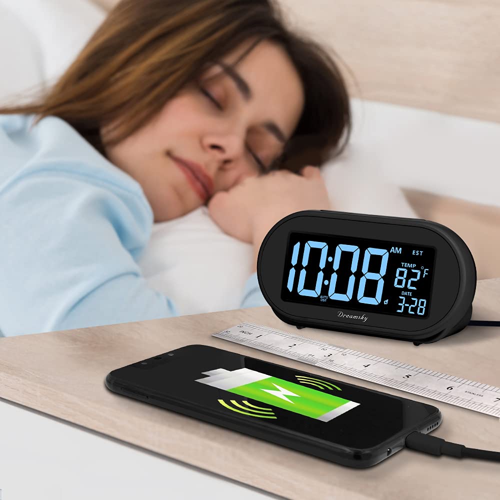 DreamSky alarm clock USB port enables convenient device charging.