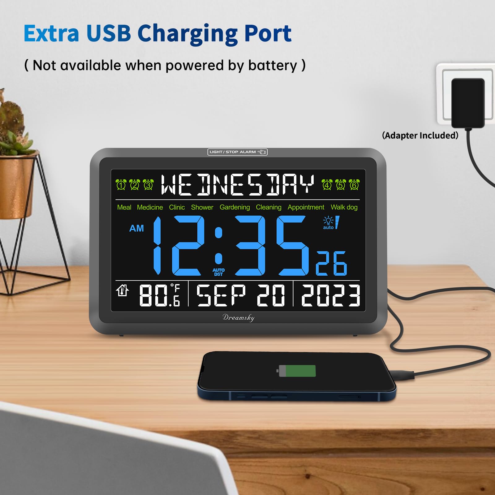 DreamSky clock includes a USB port to charge devices.