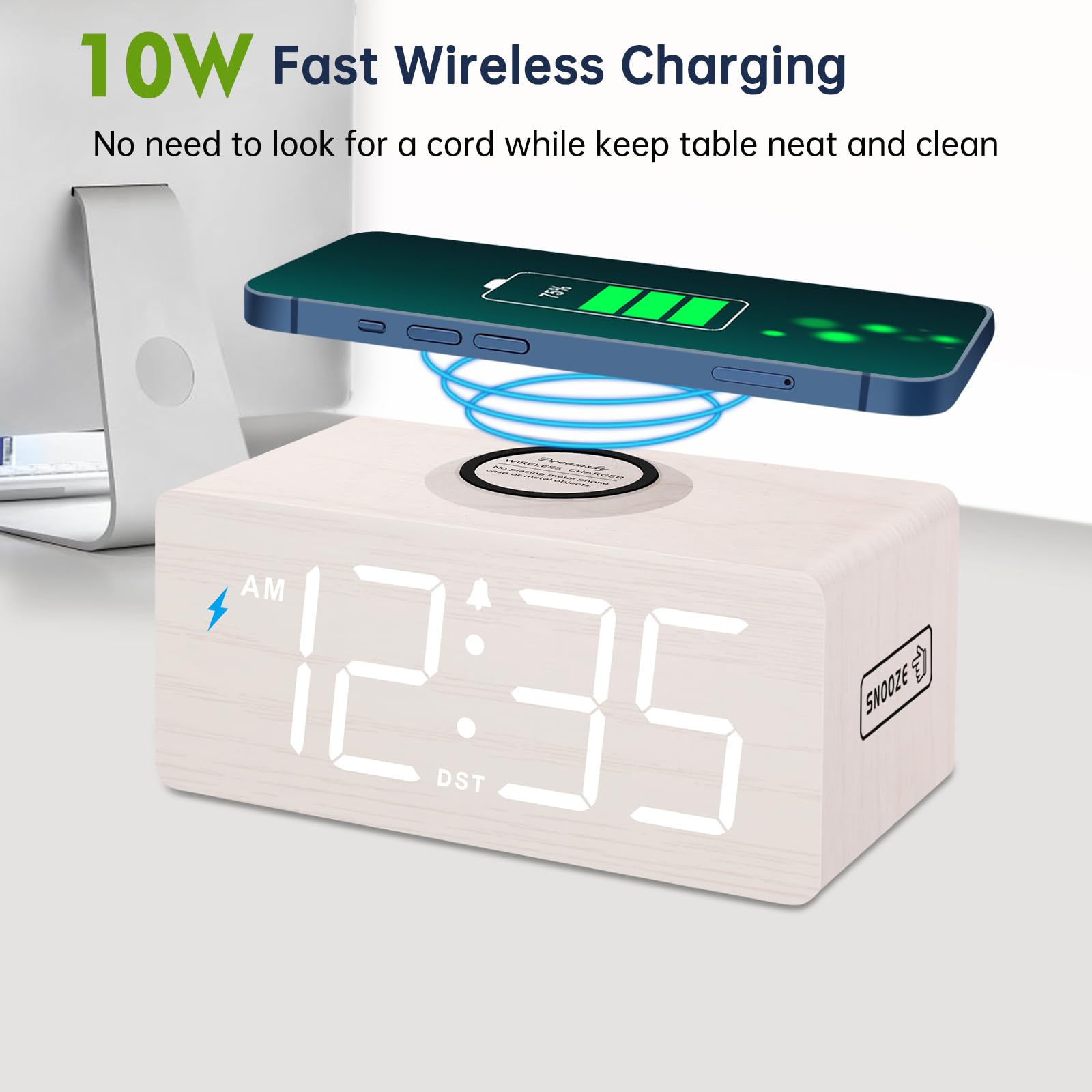 DreamSky 10W wireless charging pad on the clock for fast power overnight.