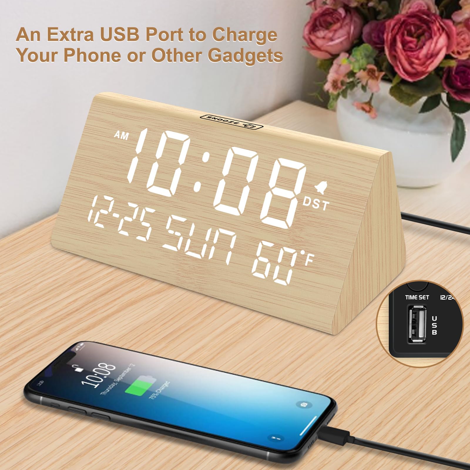 DreamSky wooden alarm clock auto DST keeps time accurate without manual resets.